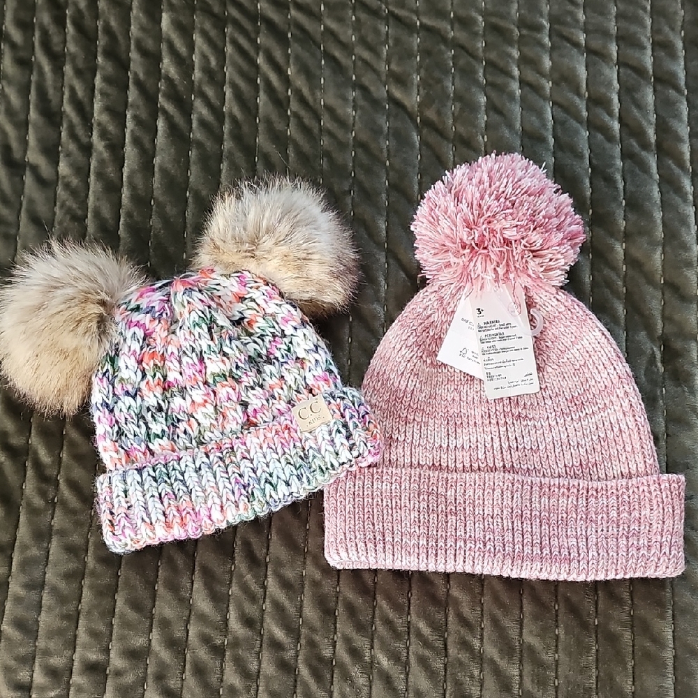 Kids Multicolor and Pink Pom Pom Beanies